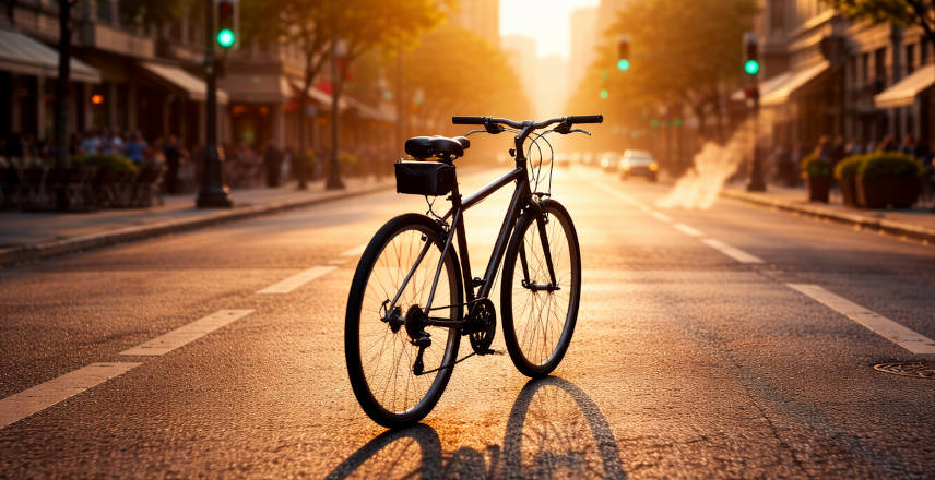 A bicycle standing up on its own in the middle of a street.