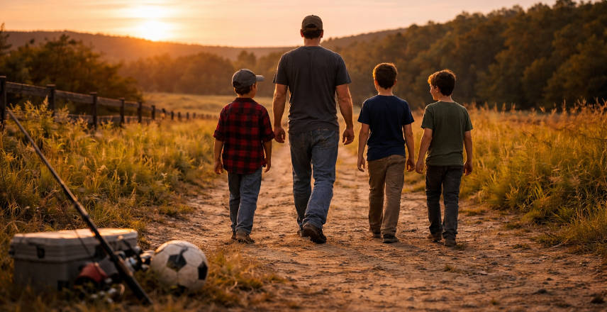A father and three children walking down a county dirt road.