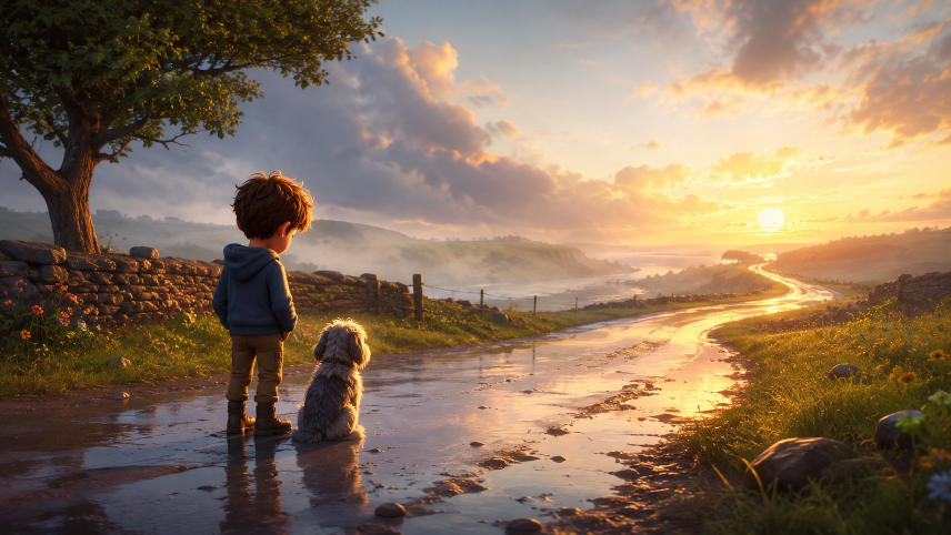 A little boy and a dog looking down a long road which has a sad tone.
