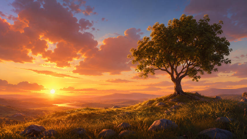A beautiful golden sunset landscape with a large tree.