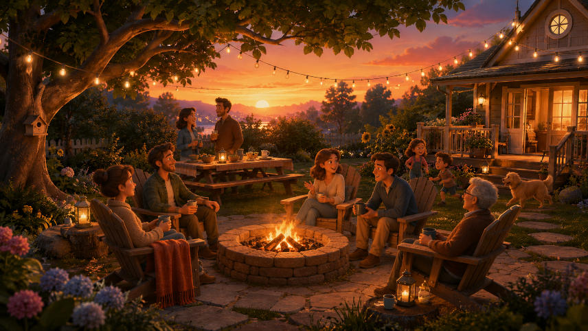 Friends and family gathered in what looks to be a backyard around a firepit having a fun time.