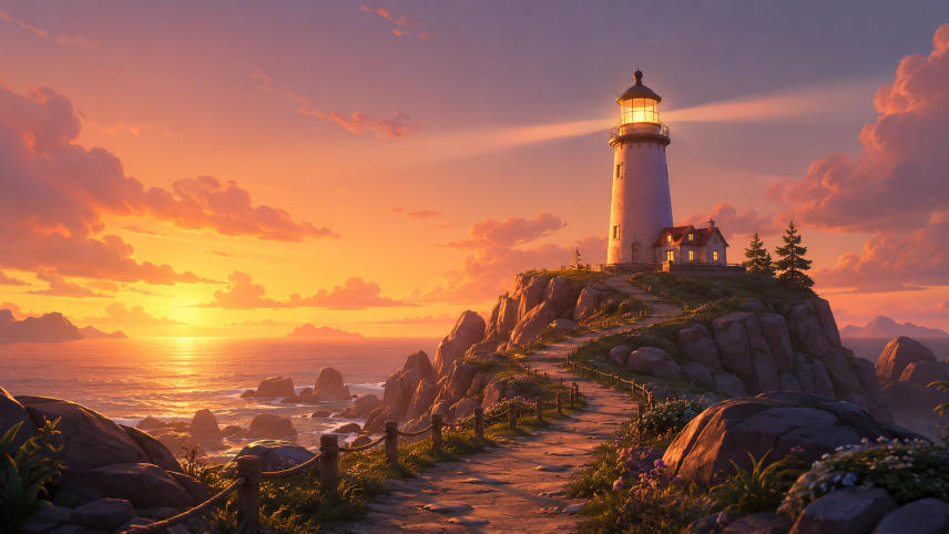 A lighthouse sitatuated on a rocky coastline on a very large body of water.