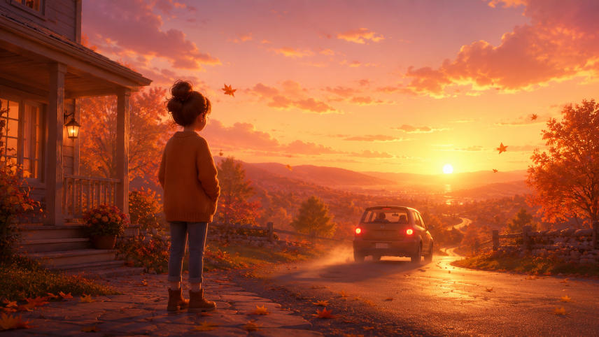 A woman standing outside her house watching a car drive away.