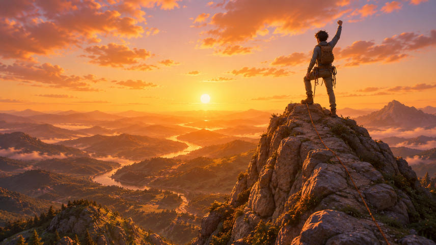 A young man standing at the top of what appears to be a mountain with their first raised in the air as if they just conquered the world.