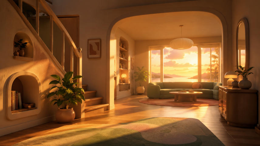 The inside of a home, kitchen, and livingroom, that looks still with no life and no movement.