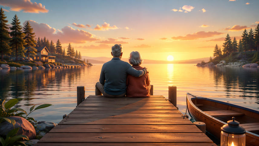 An older couple with grey hair sitting on a dock looking out over the water.