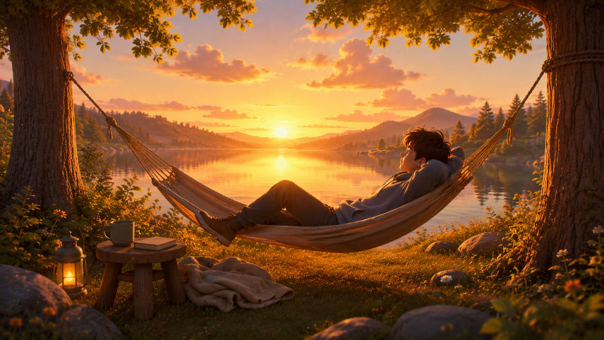 A young man relaxing in a hammock in an outdoor setting in which he is likely camping.
