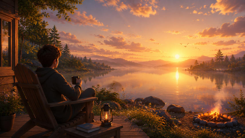 A young man sitting in a chair drinking out of a mug, relaxing, and enjoying a lakeview.